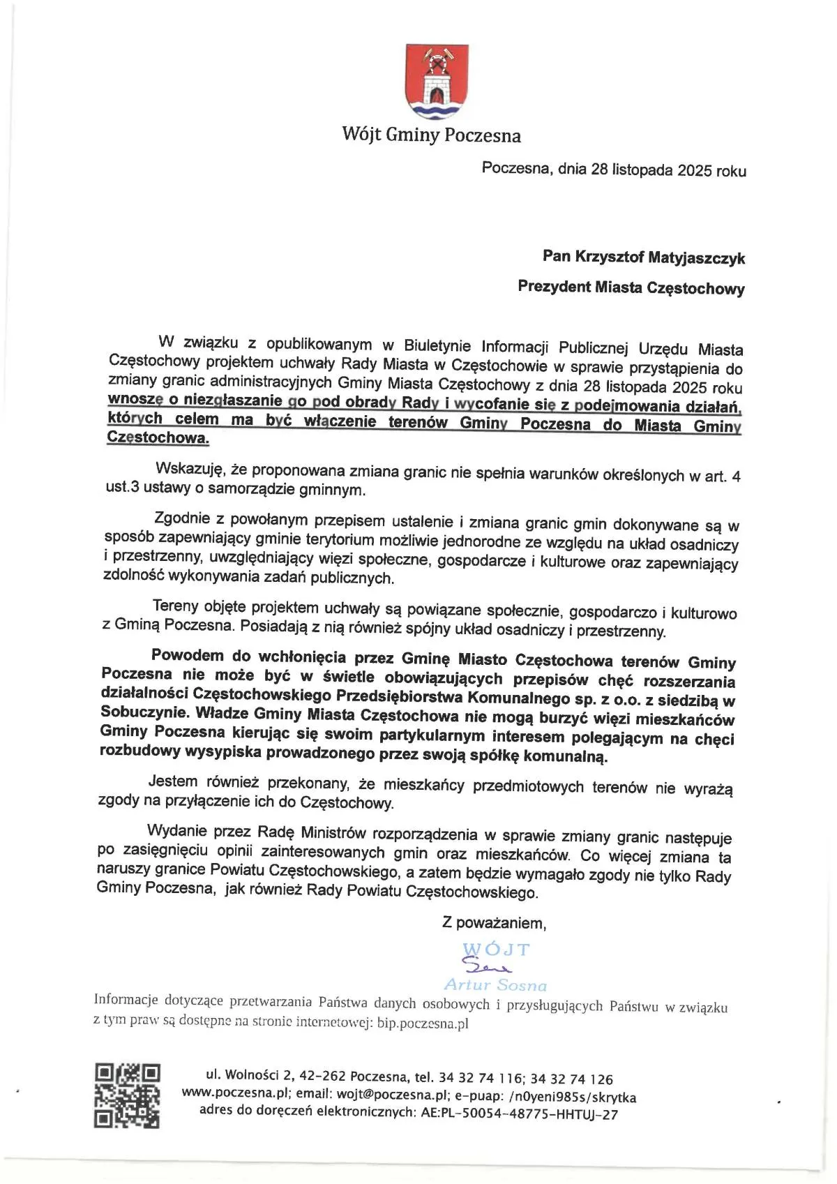 Stanowisko Wójta Gminy Poczesna do Prezydenta Matyjaszczyka w sprawie zmian...